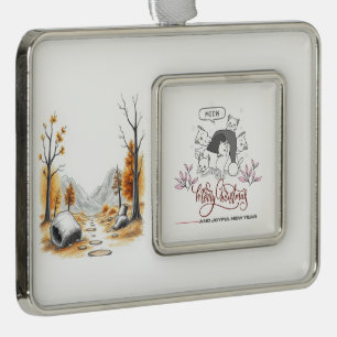 Cute Christmas Cats “Meow” Holiday Design Silver Plated Framed Ornament