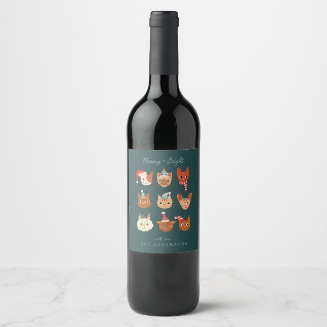 Cute Christmas Cats Meowy  Wine Label (Front)
