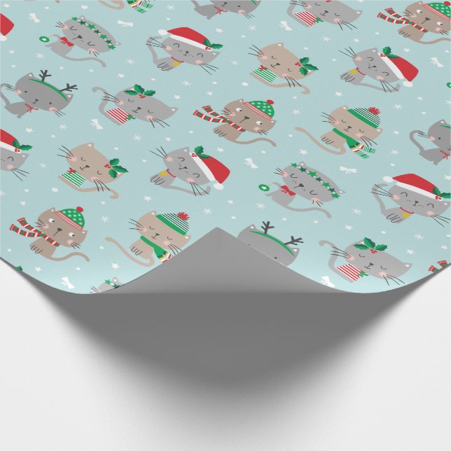 Cute Christmas Cats on light blue Wrapping Paper (Corner)