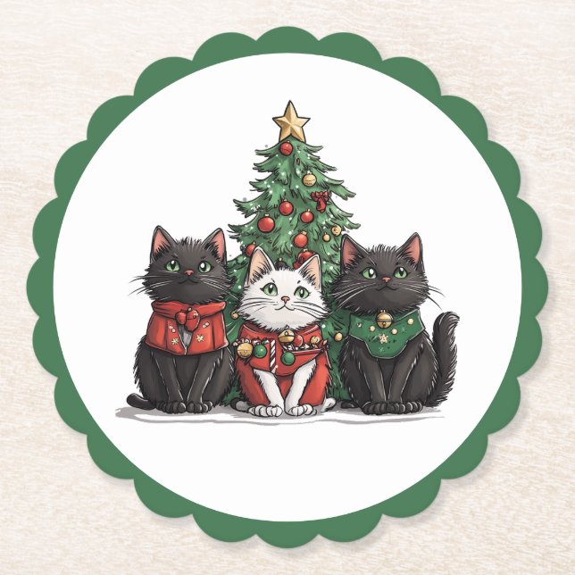 Cute Christmas Cats Paper Coaster (Front)