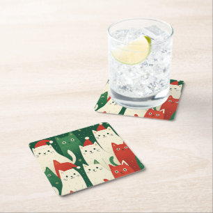 Cute Christmas Cats Pattern – Festive Holiday Cat Square Paper Coaster