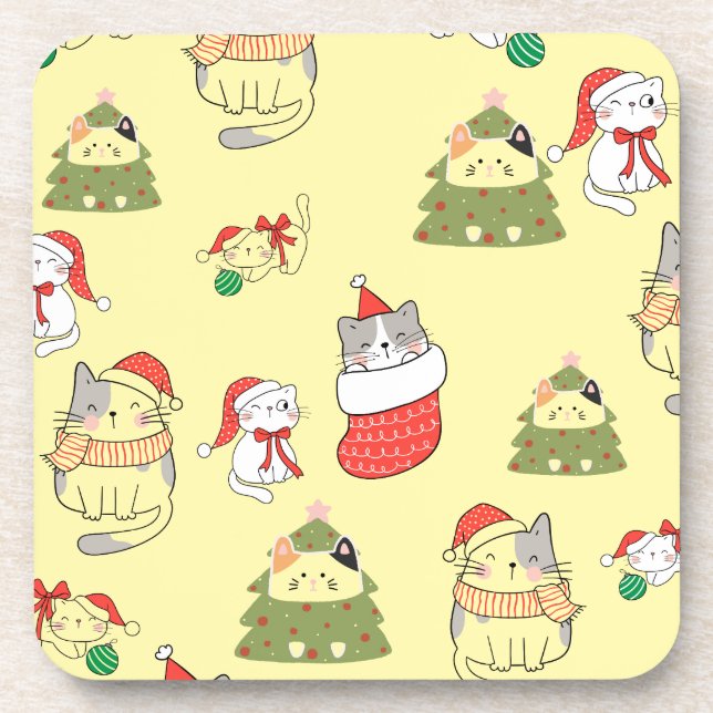 Cute Christmas Cats Pattern – Festive Holiday Desi Coaster (Front)