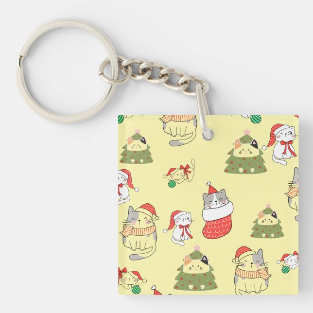 Cute Christmas Cats Pattern – Festive Holiday Desi Key Ring (Front)