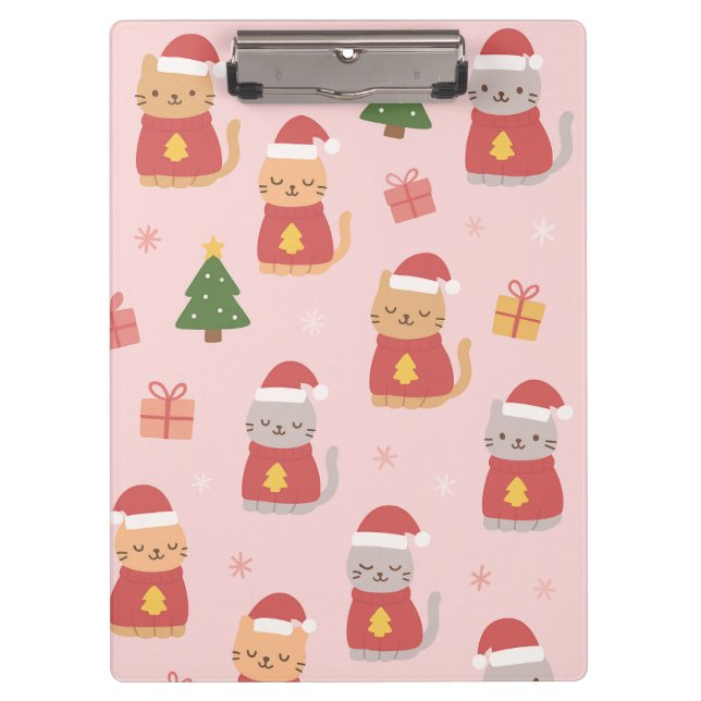 Cute Christmas Cats Pattern – Pink Holiday Design Clipboard (Front)