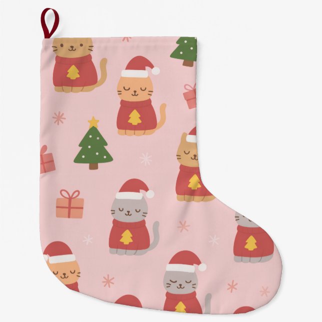 Cute Christmas Cats Pattern – Pink Holiday Design Large Christmas Stocking (Front)