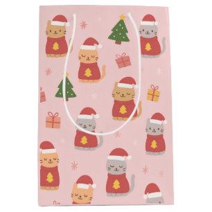 Cute Christmas Cats Pattern – Pink Holiday Design Medium Gift Bag