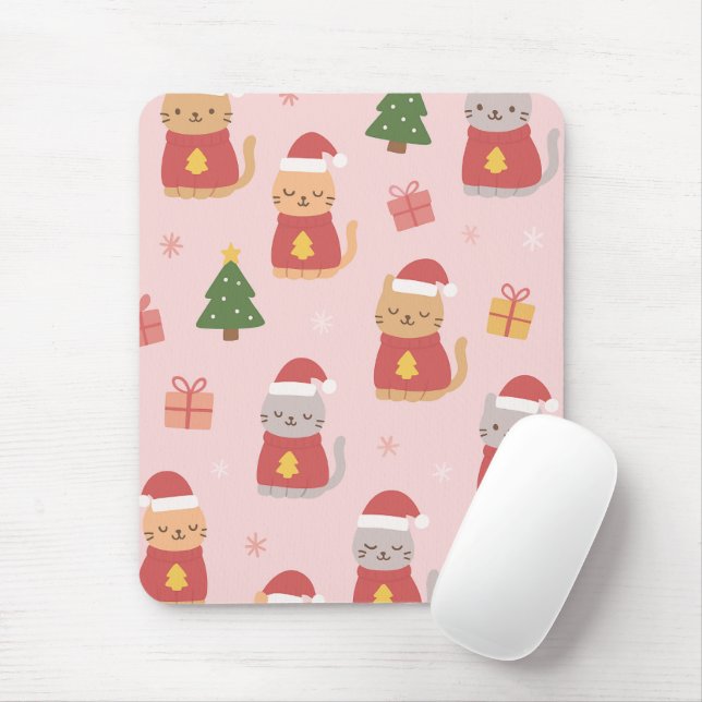 Cute Christmas Cats Pattern – Pink Holiday Design Mouse Mat (With Mouse)