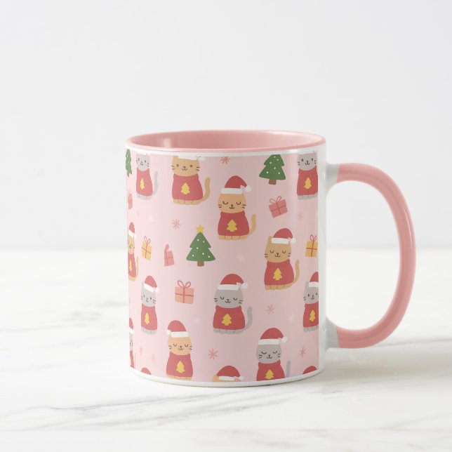 Cute Christmas Cats Pattern – Pink Holiday Design Mug (Right)