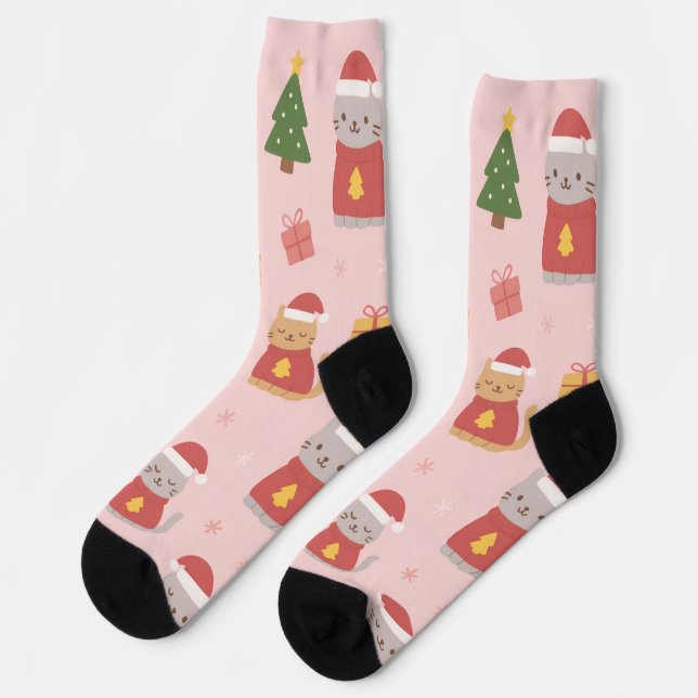 Cute Christmas Cats Pattern – Pink Holiday Design Socks (Left)