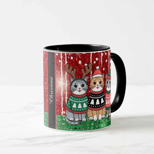 Cute Christmas Cats Personalised Name Mug (Front Right)