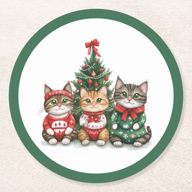 Cute Christmas Cats Round Paper Coaster (Front)
