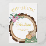 Cute Christmas Cats Rustic Wood Frame Gold Foil Foil Holiday Card<br><div class="desc">Personalised christmas card with luxury gold foil typography. This design is lettered with Merry Christmas followed by your personalised text which is framed with a rustic wood tree slice,  christmas flower bouquet and two cute kitten cats in holiday sweaters.</div>
