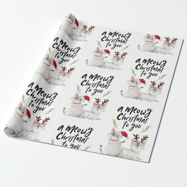 Cute Christmas Cats Santa and Antlers Pattern Wrapping Paper (Unrolled)