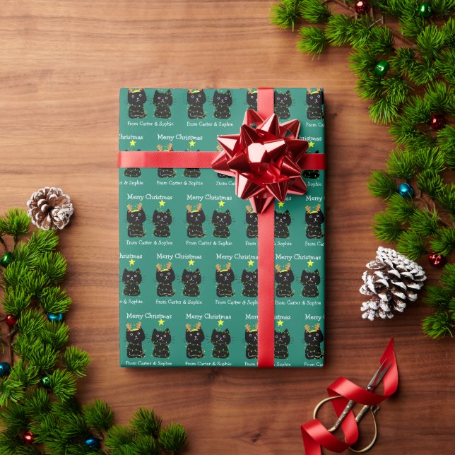 Cute Christmas Cats (smaller pattern) Custom Green Wrapping Paper (Holiday Gift)