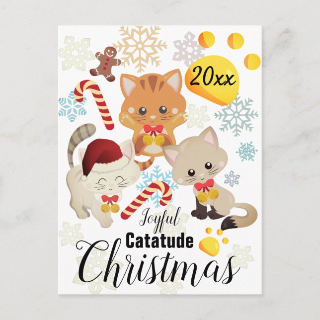 Cute Christmas Cats & Snowflakes Pattern Holiday Postcard (Front)