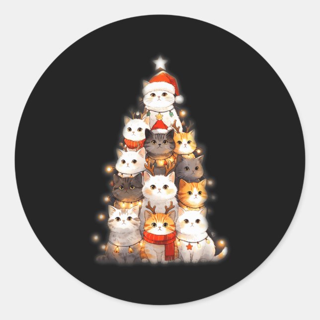 Cute Christmas Cats Tree Lights Holiday Kittens Il Classic Round Sticker (Front)