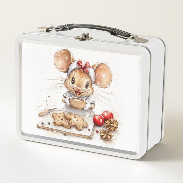 Cute Christmas Chef Mouse Metal Lunch Box (Front)