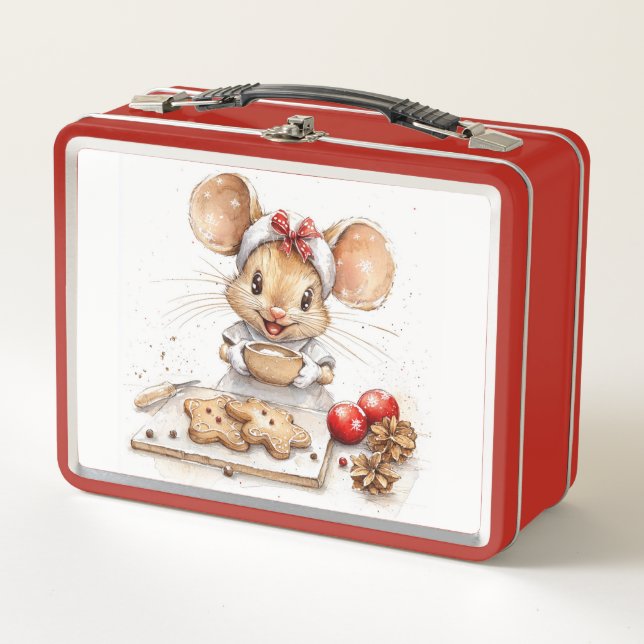 Cute Christmas Chef Mouse Metal Lunch Box (Front)