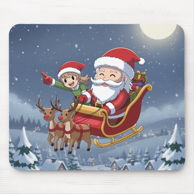 Cute Christmas Chibi Santa and Elf Mouse Pad (Front)