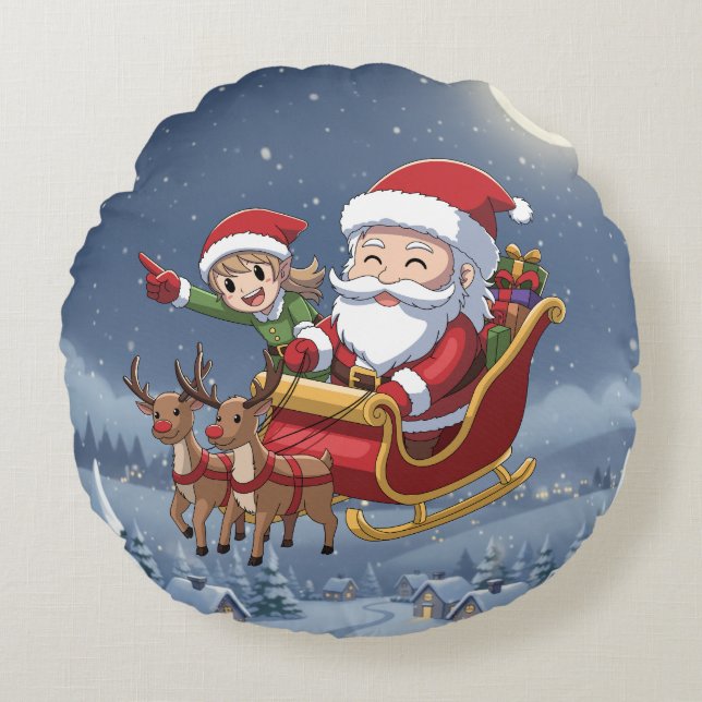 Cute Christmas Chibi Santa and Elf Round Pillow (Front)