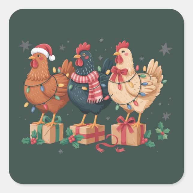 Cute Christmas Chickens Funny Holiday Farm Square Sticker (Front)