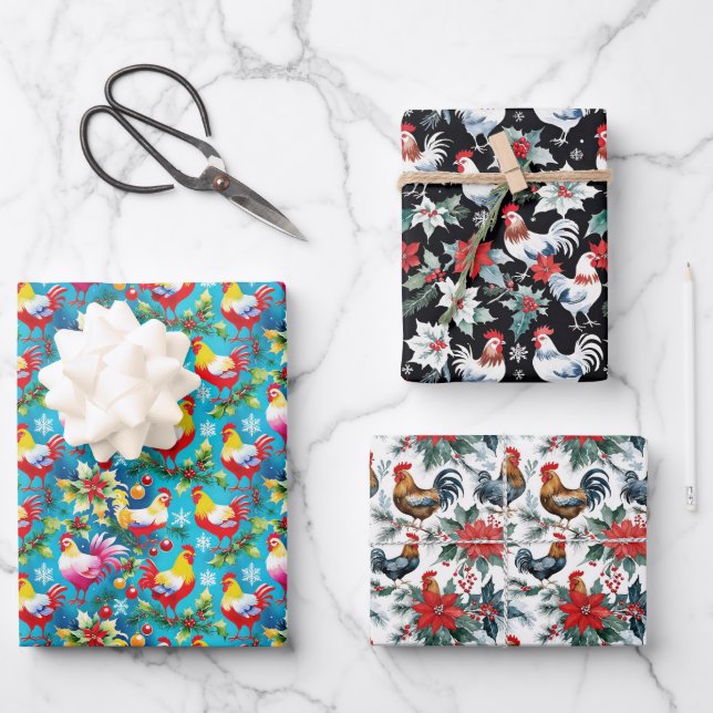 Cute Christmas Chickens Wrapping Paper Sheet (Front)