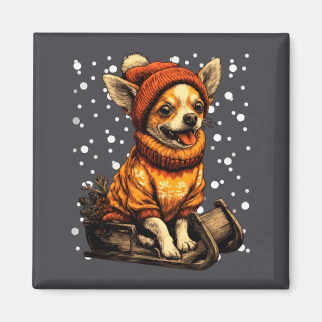 Cute Christmas Chihuahua Sledding In Snow Funny Wi Magnet (Front)