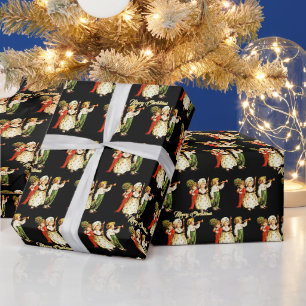Cute Christmas Children IIlustration Black Wrapping Paper