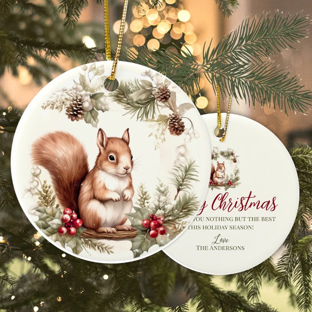 Cute Christmas chipmunk wreath woodland animal Ceramic Tree Decoration (Cute chipmunk forest woodland  personalized Christmas ornament)