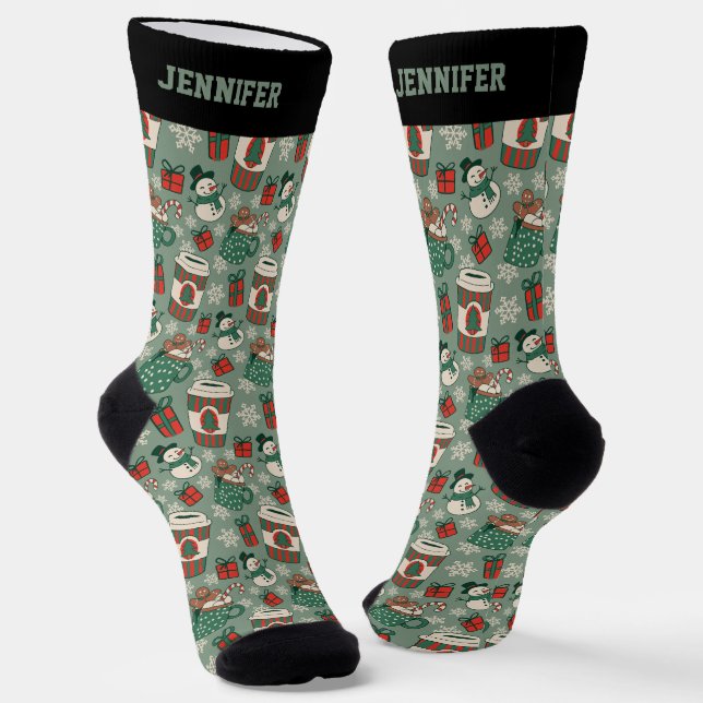 Cute Christmas Coffee Pattern Xmas Winter Holiday Socks (Angled)