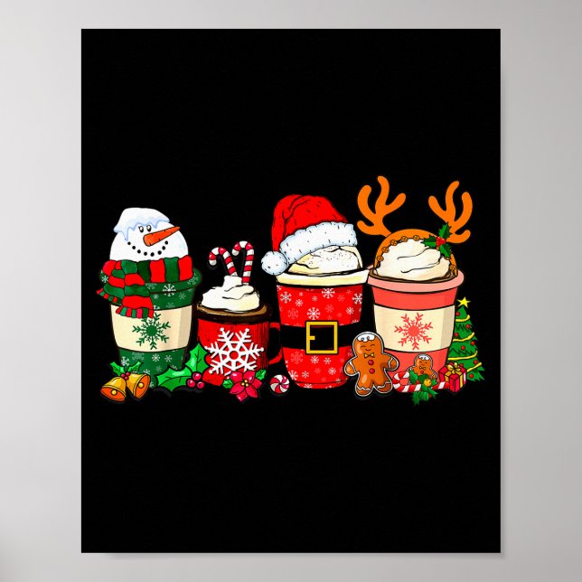 Cute Christmas Coffee Shirt Snowman Deer Santa Cof Poster (Front)