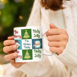 Cute Christmas Collage Santa Claus Personalised Coffee Mug<br><div class="desc">This cute custom children's Christmas mug features a beautiful collage of all of your favourite holiday staples. Jolly Santa Claus on red, a pretty Christmas tree on green, joyful snowman on blue, and adorable penguin wearing a scarf alongside your personalised text. Customise your own holiday gift with this festive and...</div>