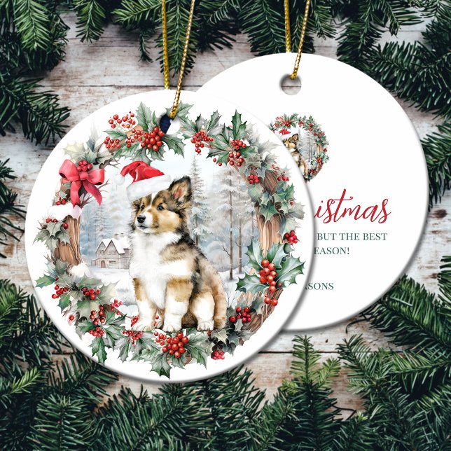Cute Christmas collie dog puppy Santa hat Ceramic Tree Decoration (Cute Christmas collie dog puppy Santa hat Ceramic Ornament)