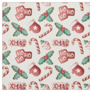 Cute Christmas Cookie Candy Cane Mitten Pattern Fabric