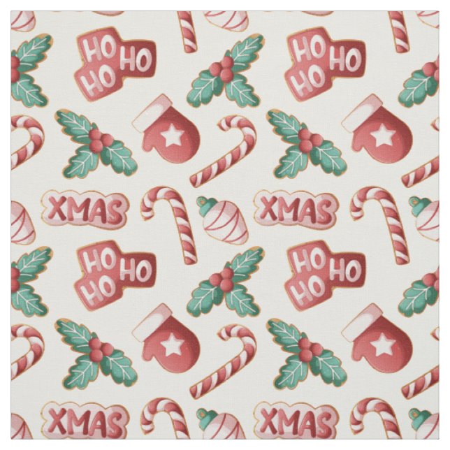 Cute Christmas Cookie Candy Cane Mitten Pattern Fabric (Swatch)