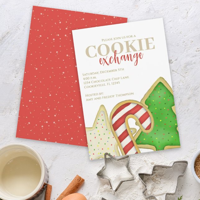 Cute Christmas Cookie Exchange Party Invitation (Cookie exchange holiday Christmas cookie cutout invitations. )