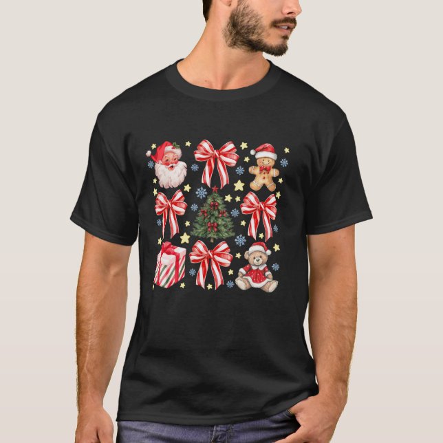 Cute Christmas Coquette Bow Santa Gingerbead Bear  T-Shirt (Front)