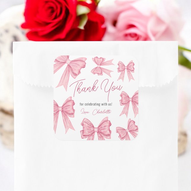 Cute Christmas Coquette Pink Bow Baby Shower Square Sticker (Cute Christmas Coquette Pink Bow Baby Shower Square Sticker)