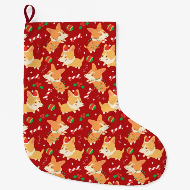 Cute Christmas Corgis Large Christmas Stocking (Front)