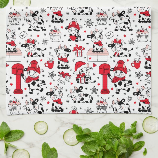 Cute Christmas Cow Bull Tea Towel (Folded)
