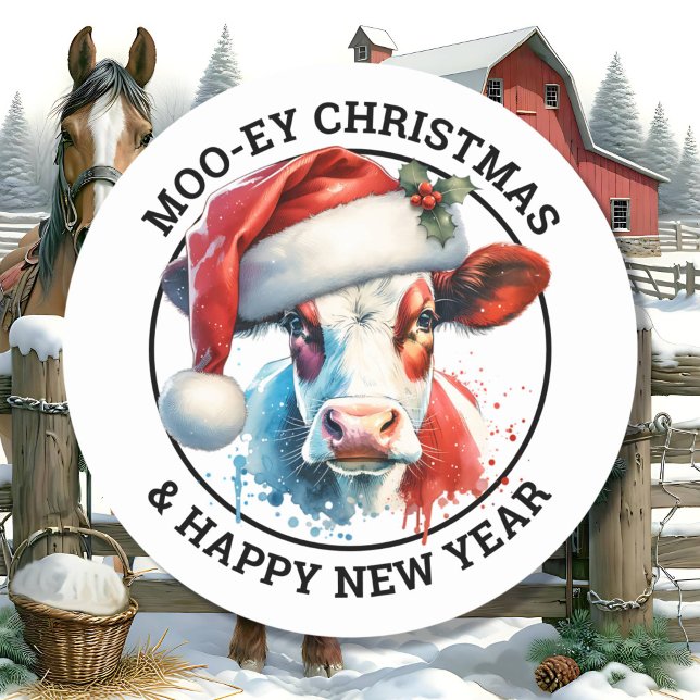Cute Christmas Cow in Santa Hat Personalised Classic Round Sticker (Creator Uploaded)