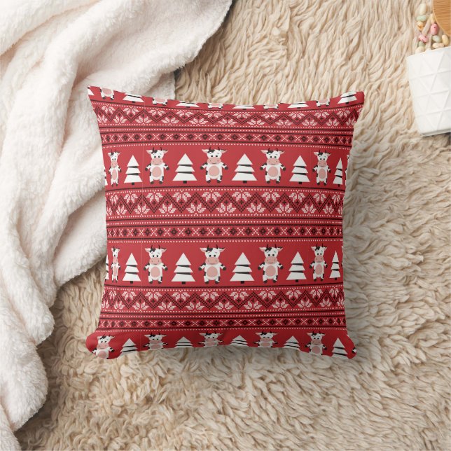 Cute Christmas Cow Throw Pillow (Blanket)