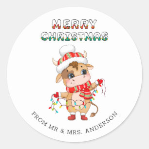 Cute Christmas Cow wearing winter costume Classic Round Sticker