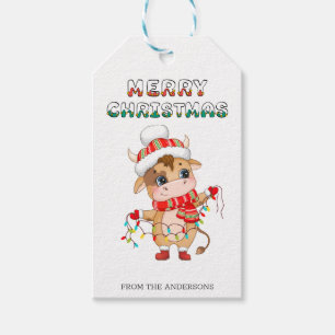 Cute Christmas Cow wearing winter costume Gift Tags