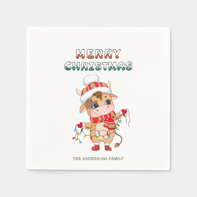 Cute Christmas Cow wearing winter costume  Napkin (Front)