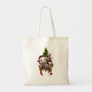 Cute christmas cow with little elf tote bag