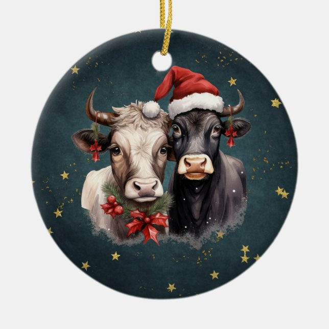 Cute Christmas Cows Ceramic Tree Decoration (Front)