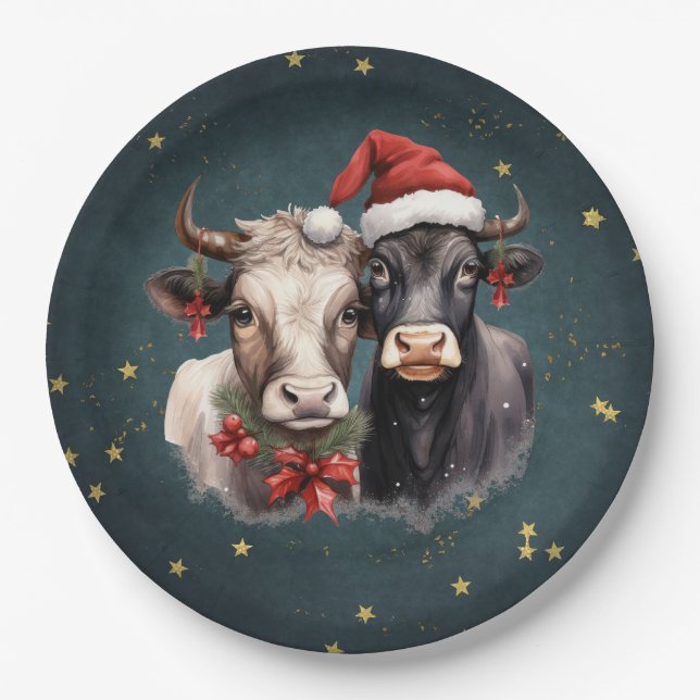 Cute Christmas Cows Paper Plate (Front)