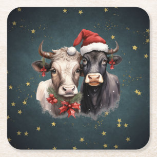 Cute Christmas Cows Square Paper Coaster