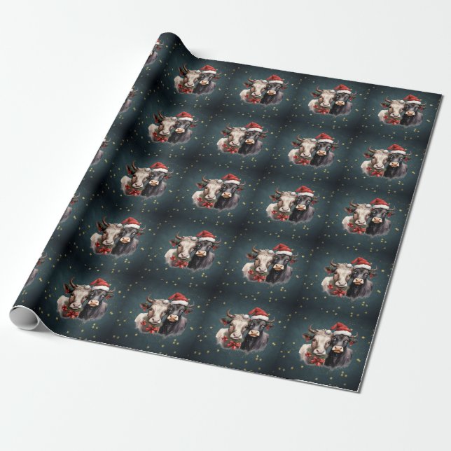 Cute Christmas Cows Wrapping Paper (Unrolled)